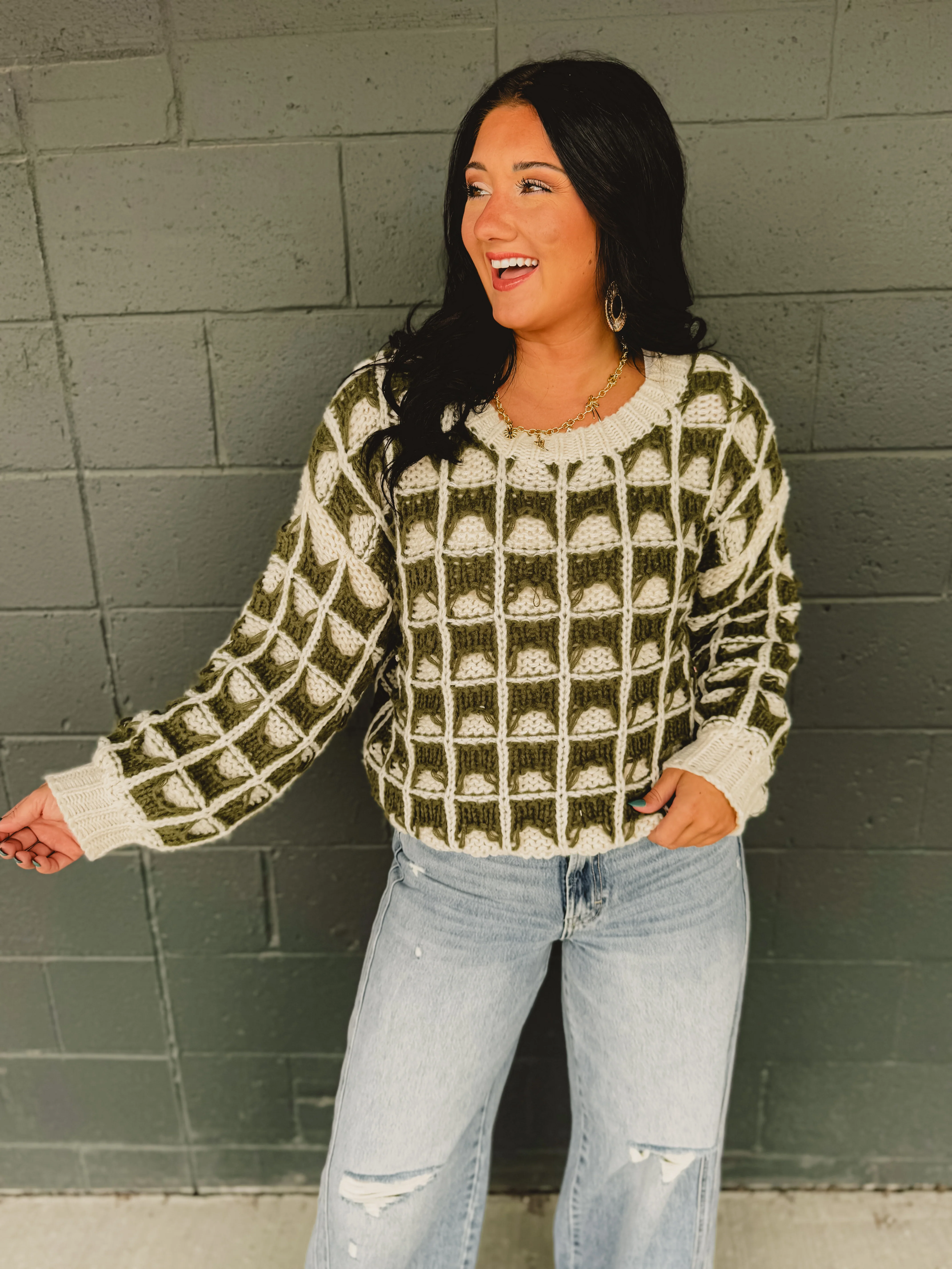 Contrast Square Knit Crewneck Sweater - Olive