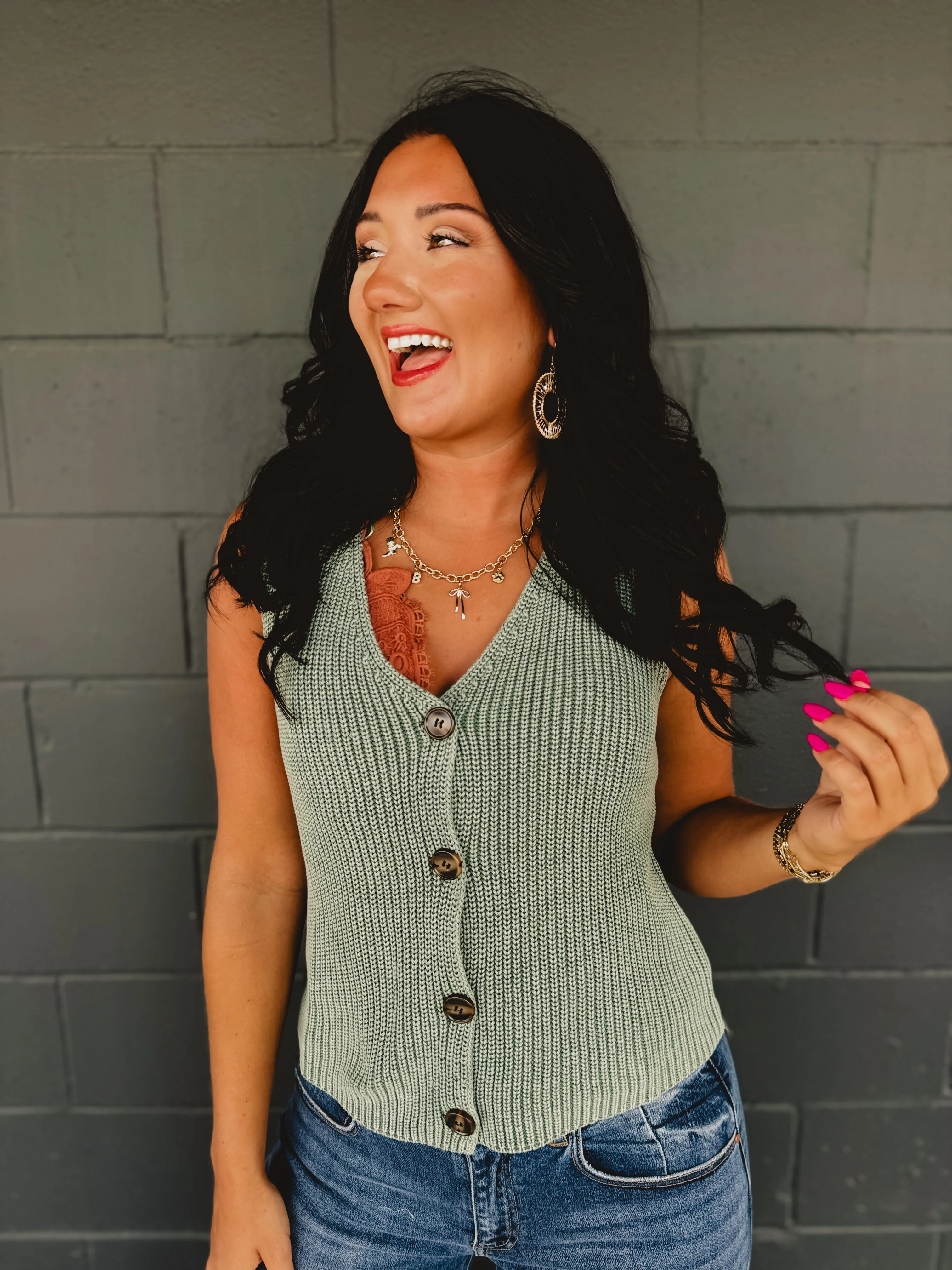 Button Up Sleeveless Sweater Vest - Forest