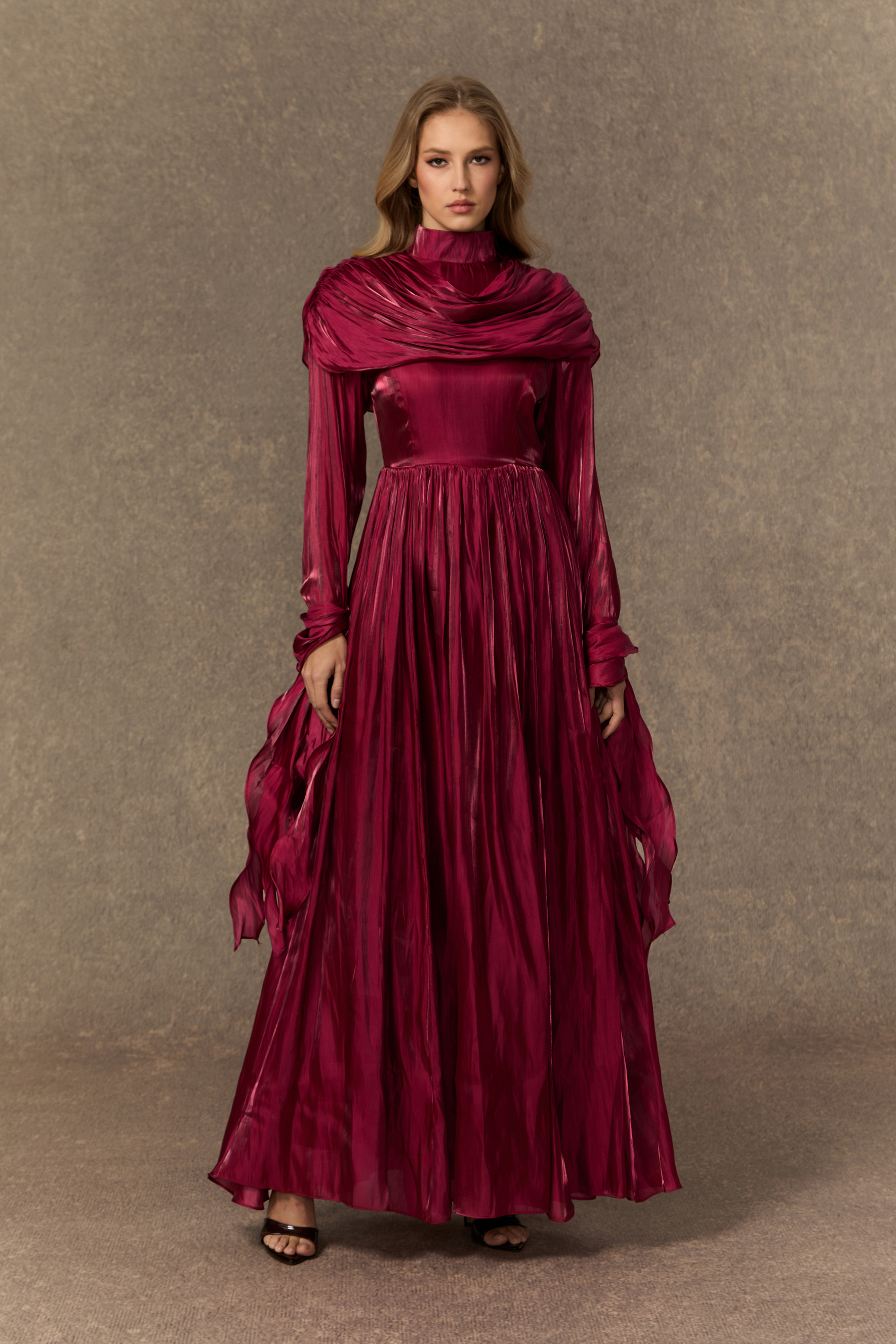 Elegance Burgundy Ruffled Cuff Pleated Maxi Dress