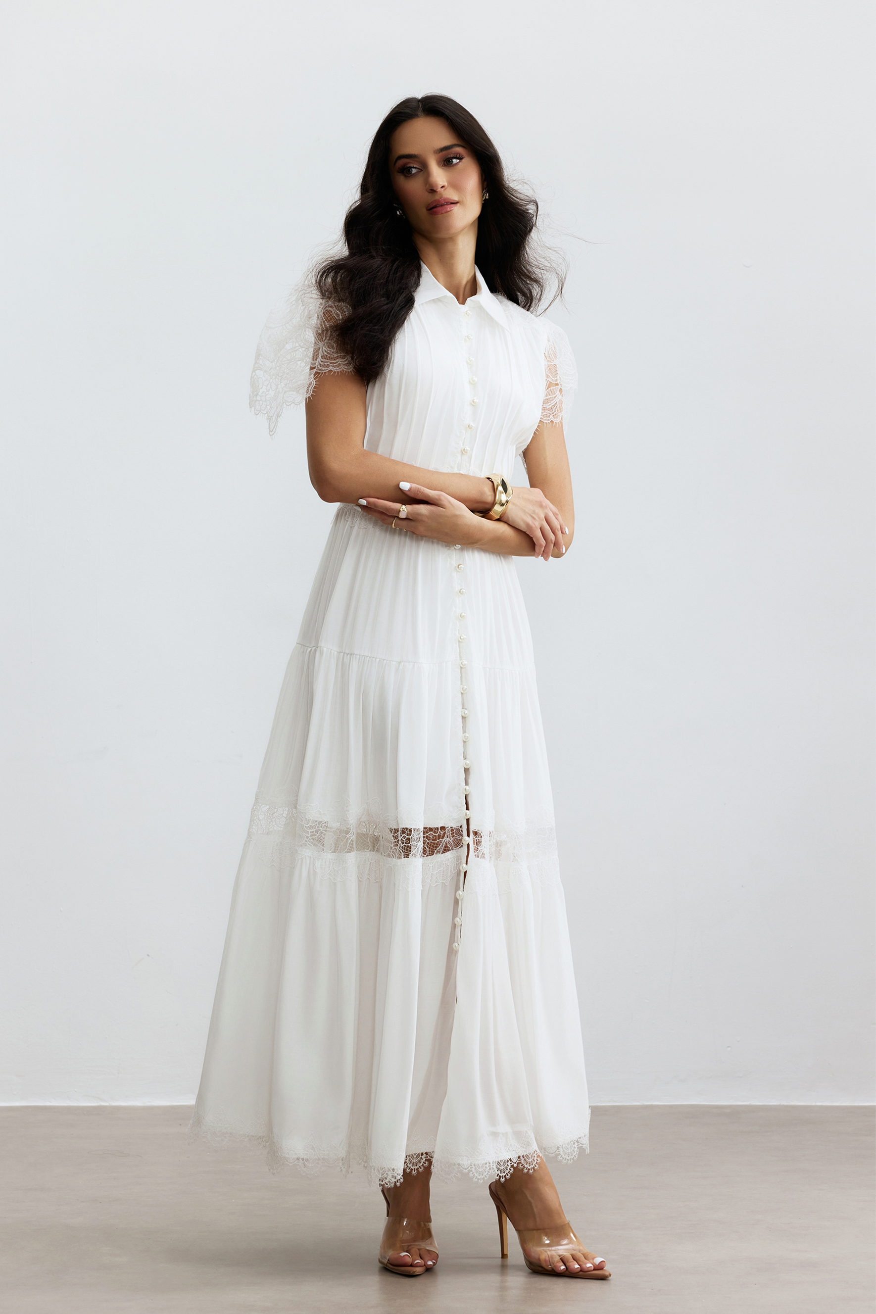 Lace Panel Button Front Maxi Dress